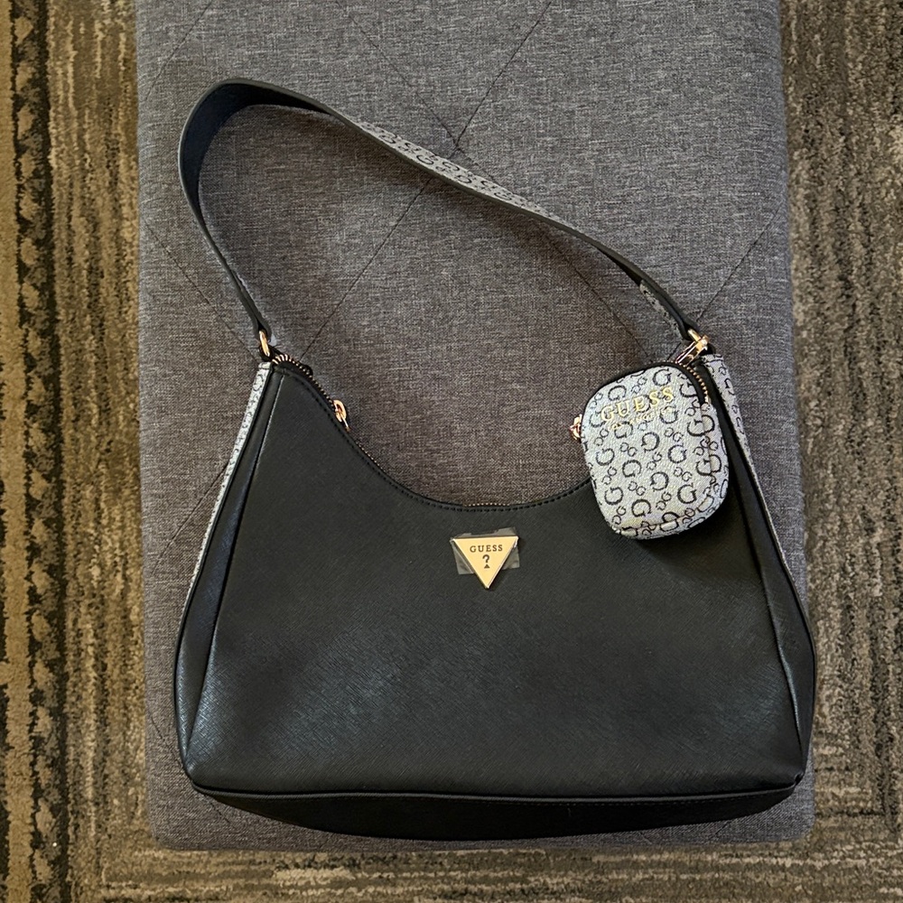 GUESS Black and Gray Shoulder Bag with Logo Pouch